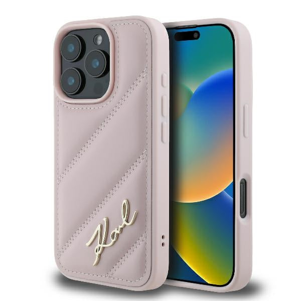 Case for Apple iPhone 16 Pro, Karl Lagerfeld, Diagonal Quilted Script, Pink