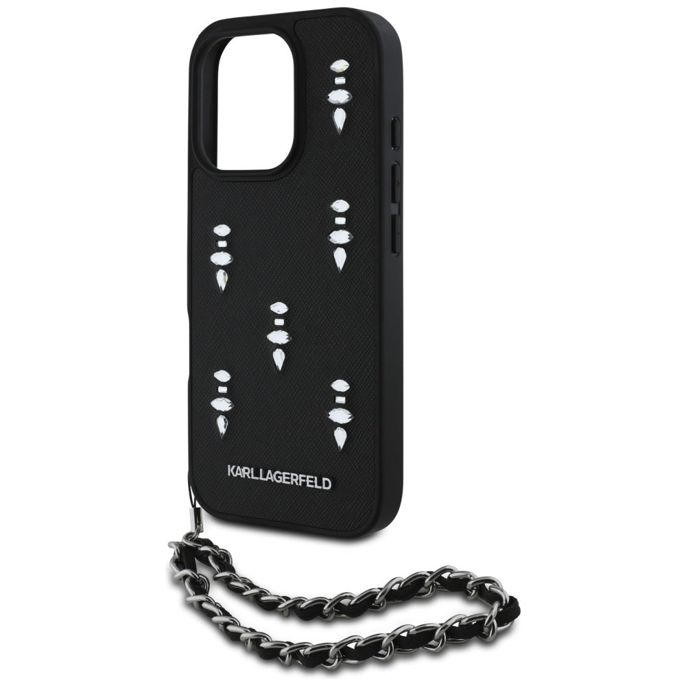 Case for Apple iPhone 16 Pro, Karl Lagerfeld, Saffiano Crystals & Charm, Black