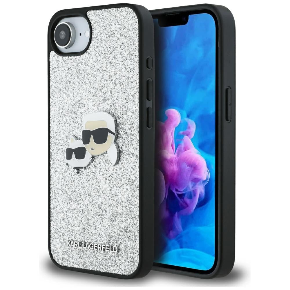 Case for Apple iPhone 17e / 16e, Karl Lagerfeld, Glitter Fixed Karl & Choupette's Heads, Silver