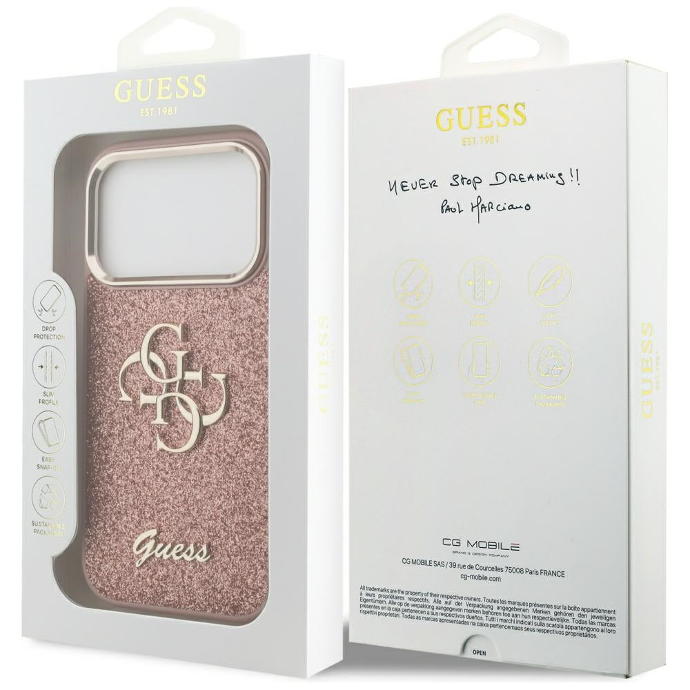 Case for Apple iPhone 17 Pro, Guess, Fixed Glitter Big 4G Metal Frame, Pink