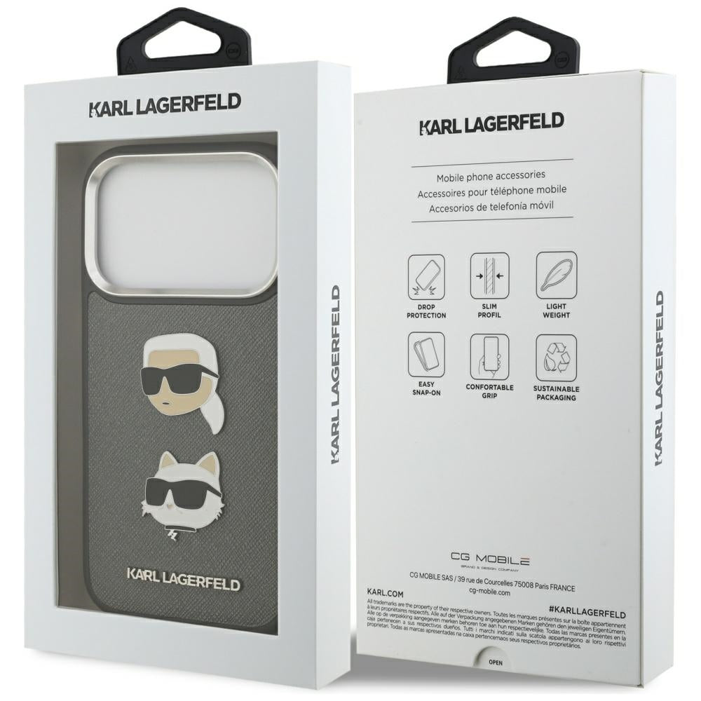 Case for Apple iPhone 17 Pro, Karl Lagerfeld, Grained Karl & Choupette's Heads Pins and Logo, Grey