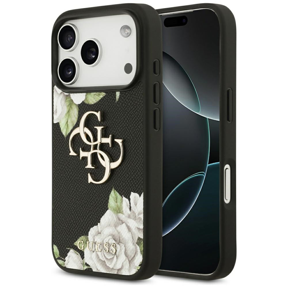 Case for Apple iPhone 17 Pro Max, Guess, 4G Grained Roses Big Logo, Black