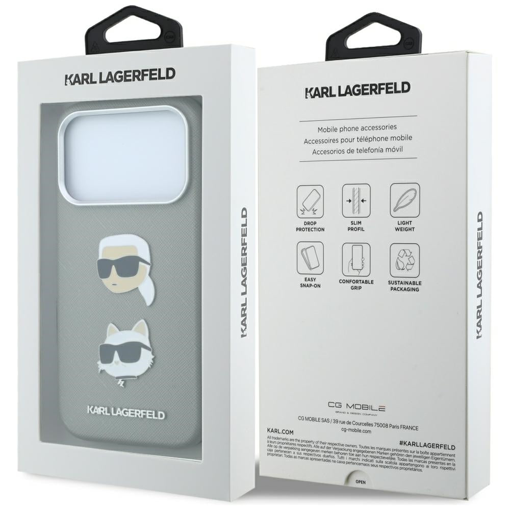 Case for Apple iPhone 18 Pro / 17 Pro, Karl Lagerfeld, Saffiano with Karl & Choupette Head's Pin and Logo, Gray
