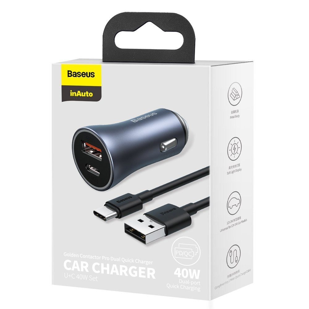Car Charger with USB-C Cable Baseus Golden Contactor, 40W, 5A, 1 x USB-A - 1 x USB-C, Grey TZCCJD-0G