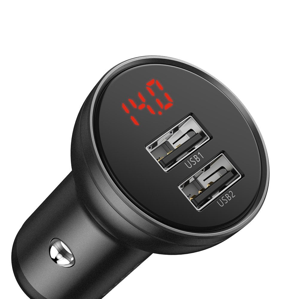Car Charger with Lightning - microUSB - USB-C Cable Baseus Digital Display, 24W, 2.4A, 2 x USB-A, Grey TZCCBX-0G