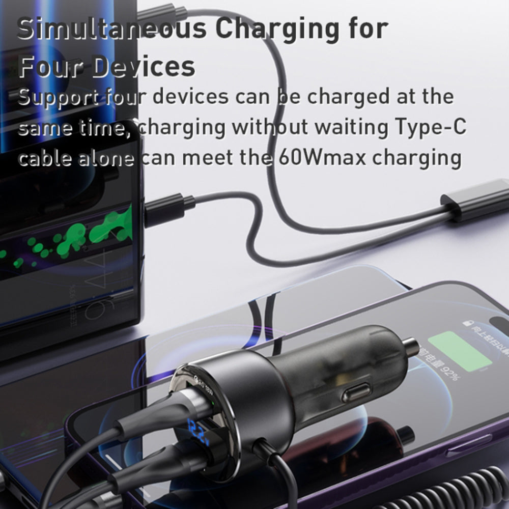 Car Charger with USB-C / Lightning Cable Yesido Y58 Display, 60W, 3A, 1 x USB-A - 1 x USB-C, Gray