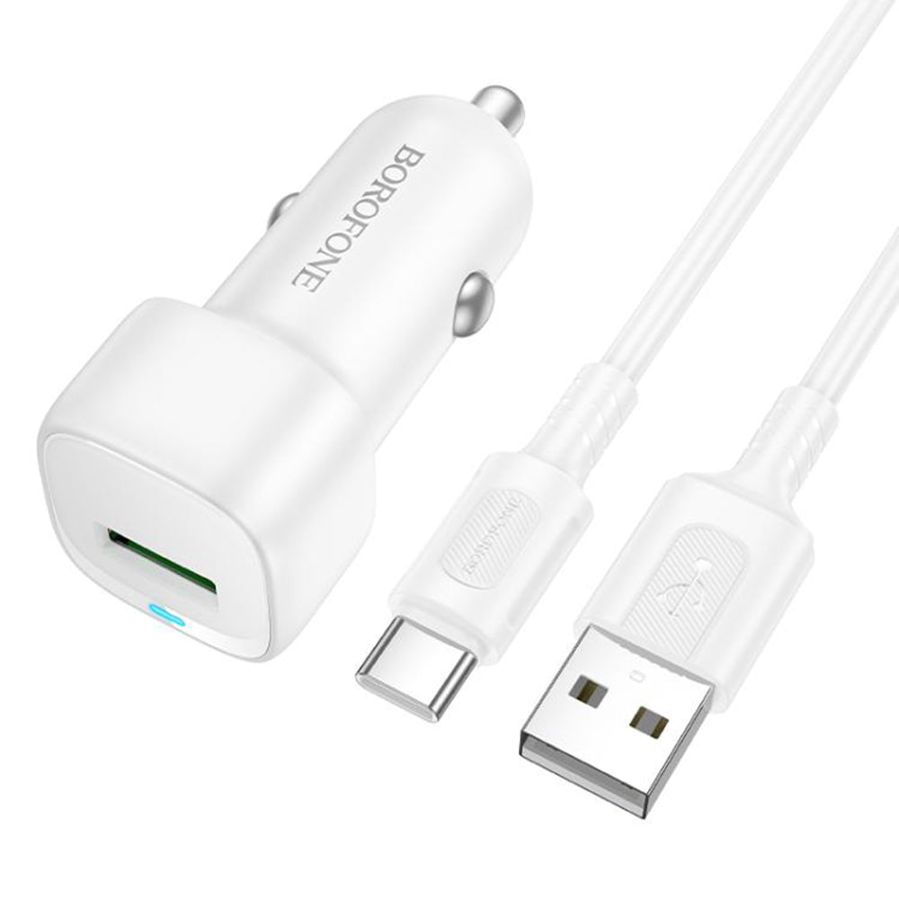Car Charger with USB-C Cable Borofone BZ34 Cloud, 18W, 3A, 1 x USB-A, White