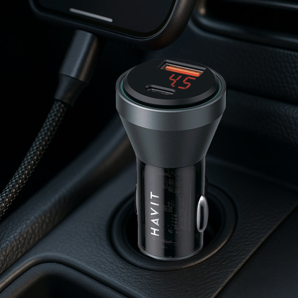 HAVIT CC2017 Car Charger, 45W, 3A, 1 x USB-A - 1 x USB-C, Black Blue