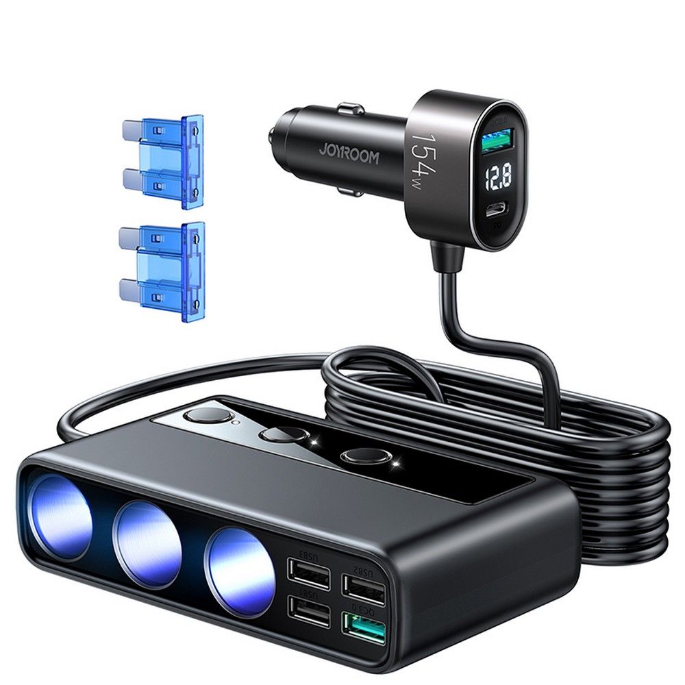 Joyroom JR-CL06 Car Charger, 154W, 3A, 4 x USB-A - 1 x USB-C - 4 x Cigarette Lighter Extension, Black JYR058BLK
