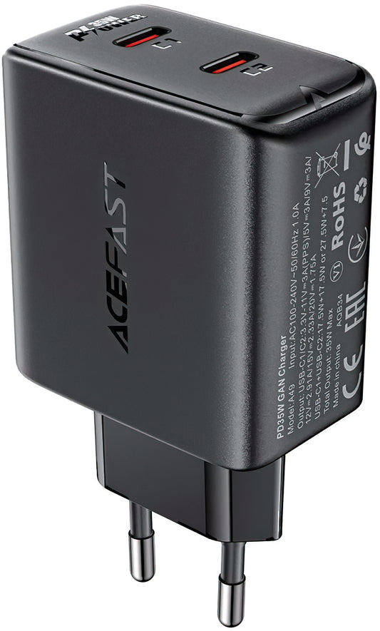 Network Charger Acefast A49, 35W, 3A, 2 x USB-C, Black