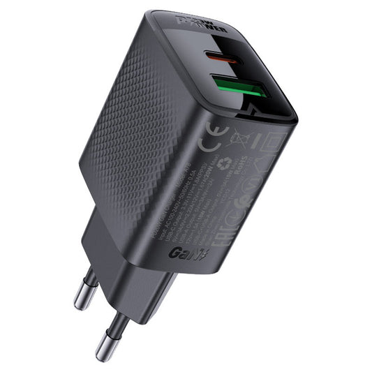 Acefast A78 Network Charger, 20W, 3A, 1 x USB-A - 1 x USB-C, Black