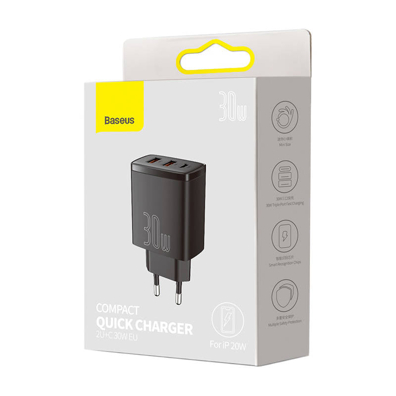 Baseus Compact Network Charger, 30W, 3A, 1 x USB-C - 2 x USB-A, Black CCXJ-E01 CCXJ-E01