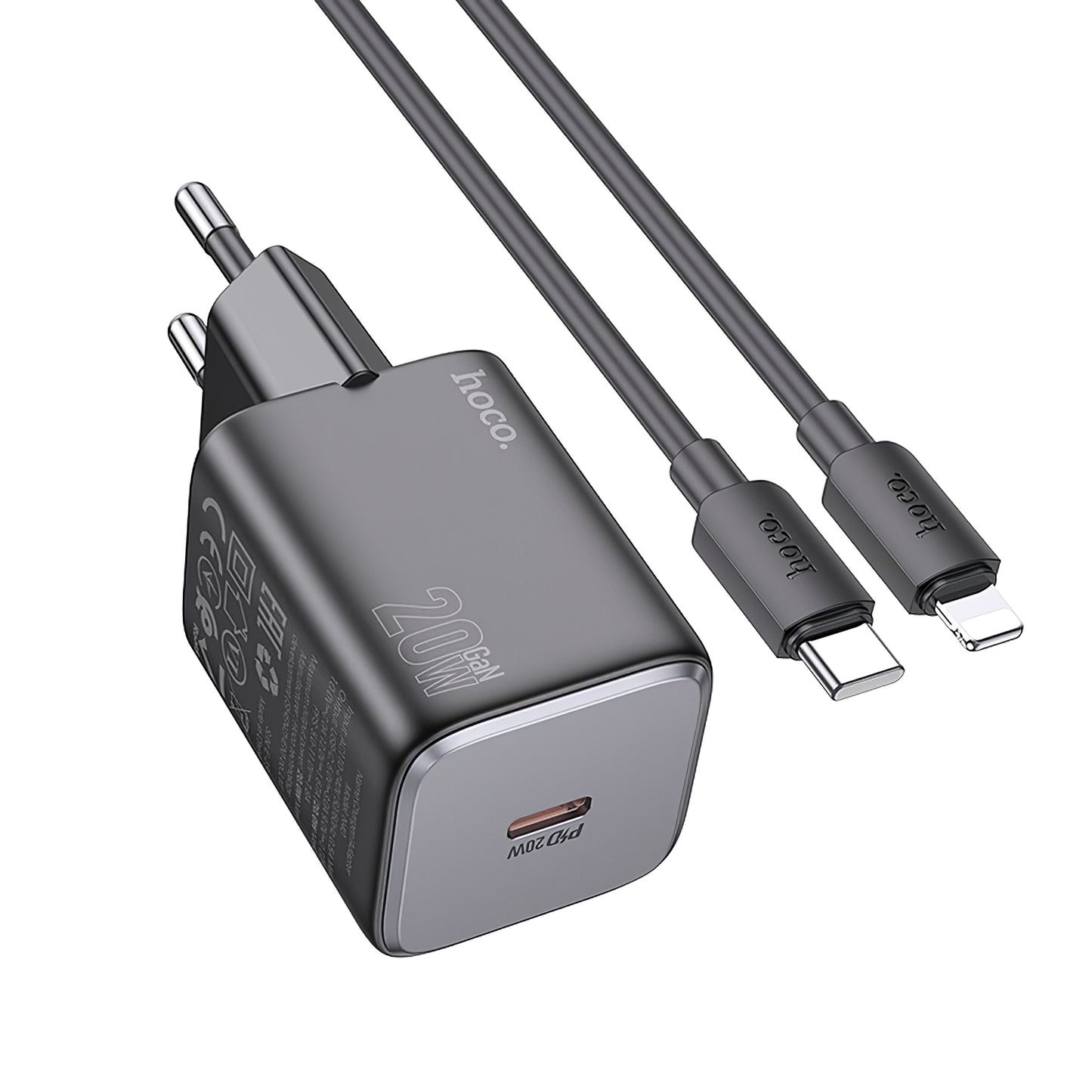 Network Charger with Lightning Cable HOCO N40, 20W, 3A, 1 x USB-C, Black