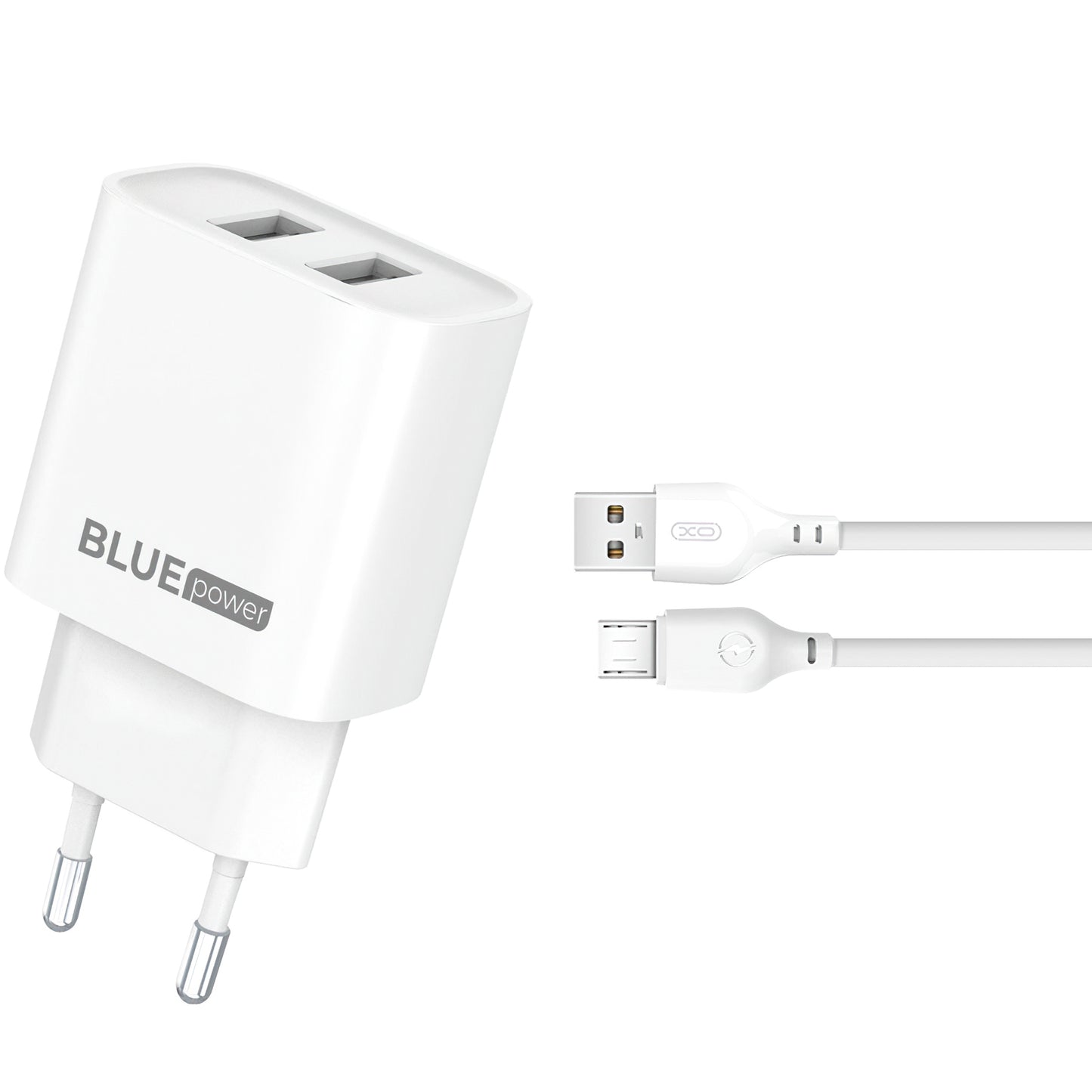 Network Charger with microUSB Cable Blue Power BPCE02M, 10.5W, 2.1A, 2 x USB-A, White