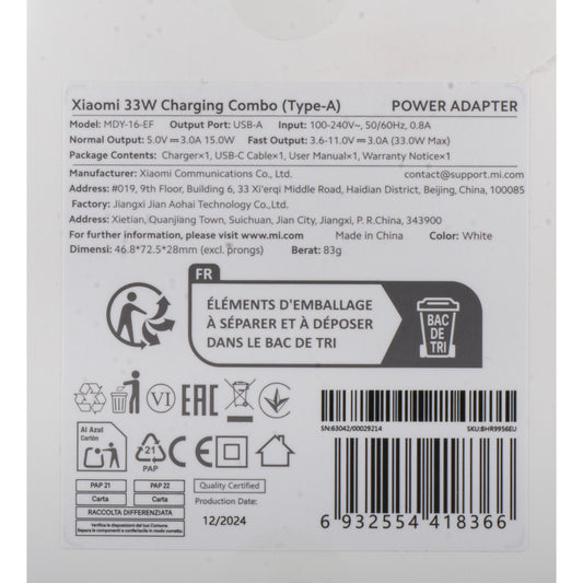 Xiaomi USB-C Network Charger with Cable, 33W, 3A, 1 x USB-A, White BHR9956EU