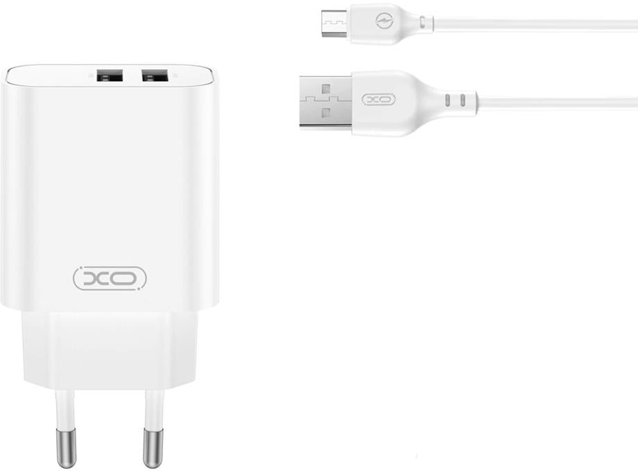 Network Charger with microUSB Cable XO Design CE34, 12W, 2.4A, 2 x USB-A, White