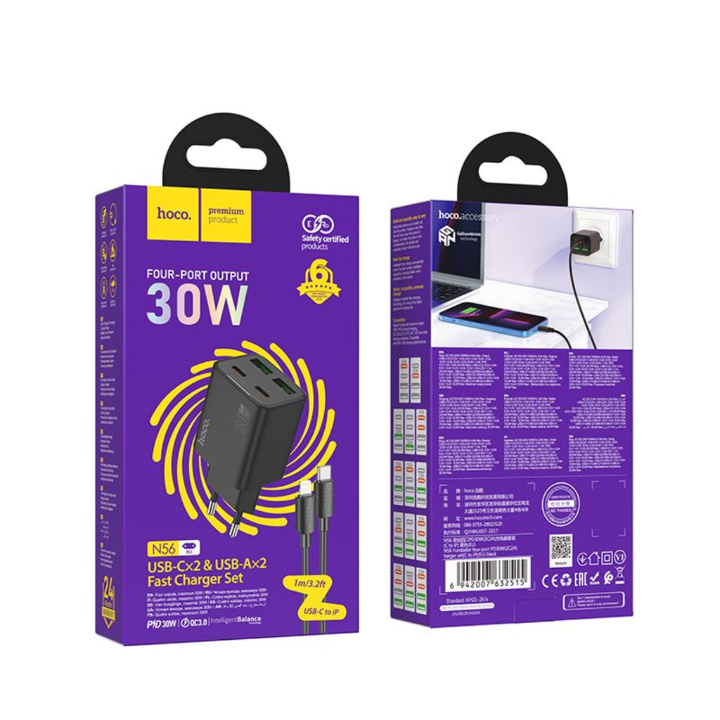 HOCO N56 Network Charger with Lightning Cable, 30W, 3A, 2 x USB-A - 2 x USB-C, Black