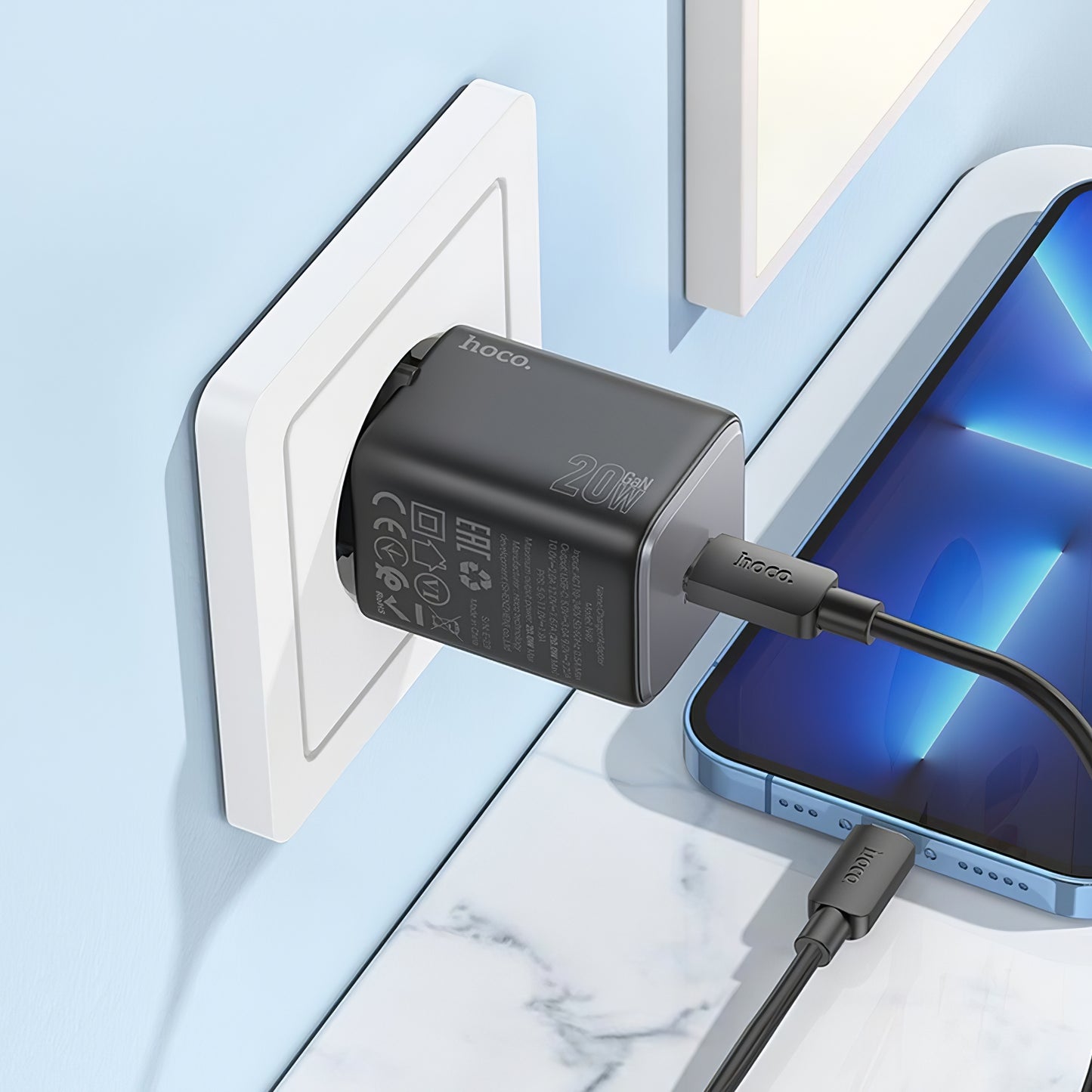 Network Charger with Lightning Cable HOCO N40, 20W, 3A, 1 x USB-C, Black