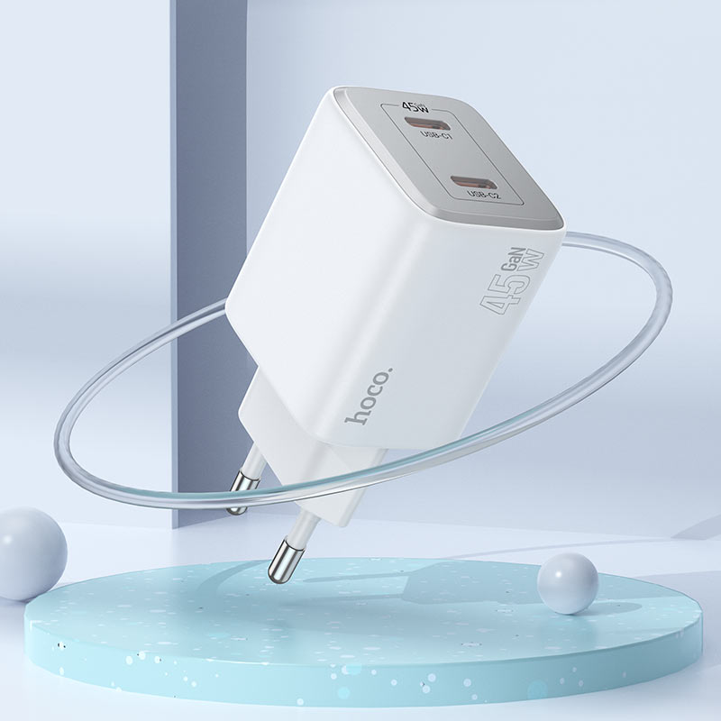 Network Charger with Lightning Cable HOCO N42, 45W, 3A, 2 x USB-C, White