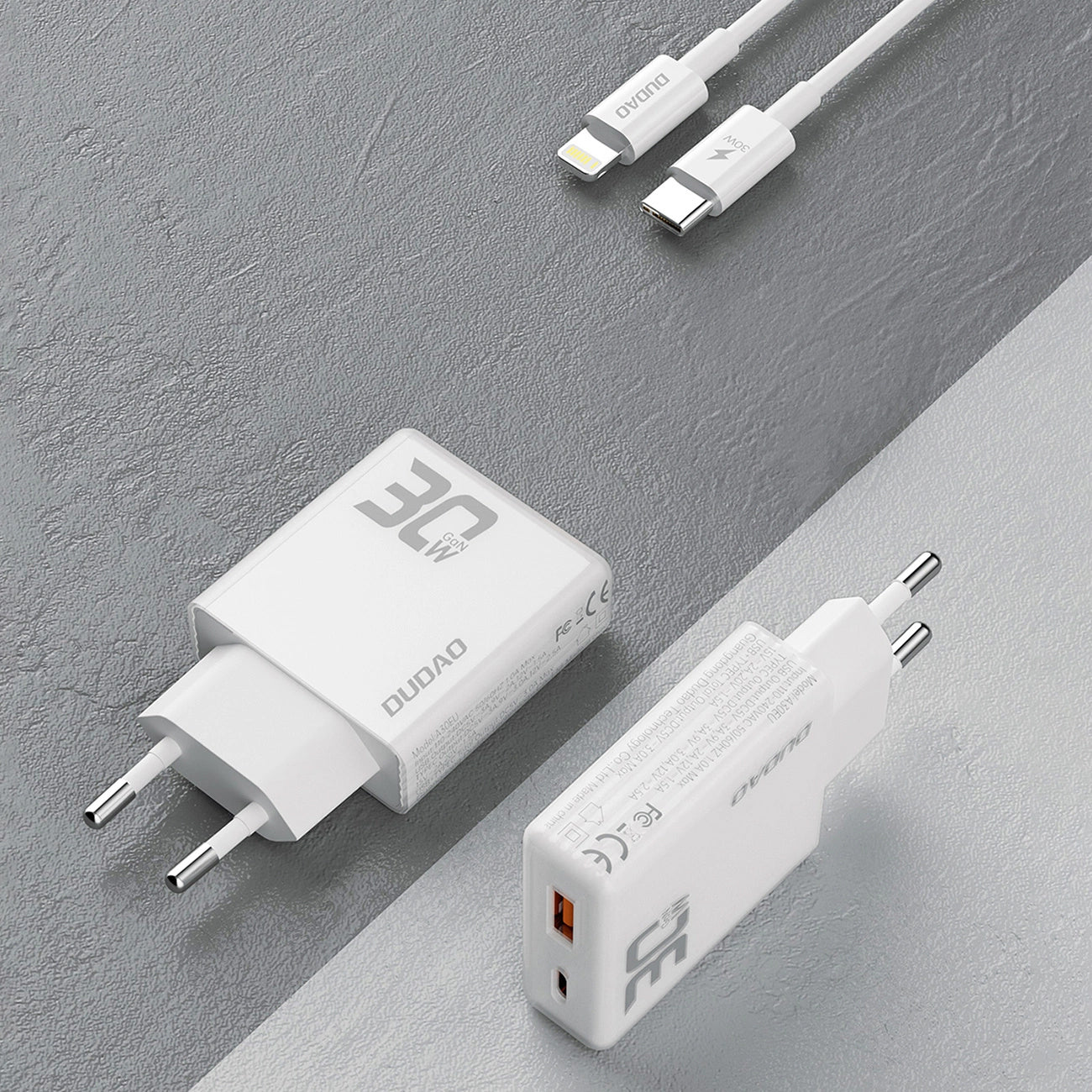 Dudao A30EUL Network Charger with Lightning Cable, 30W, 3A, 1 x USB-A - 1 x USB-C, White