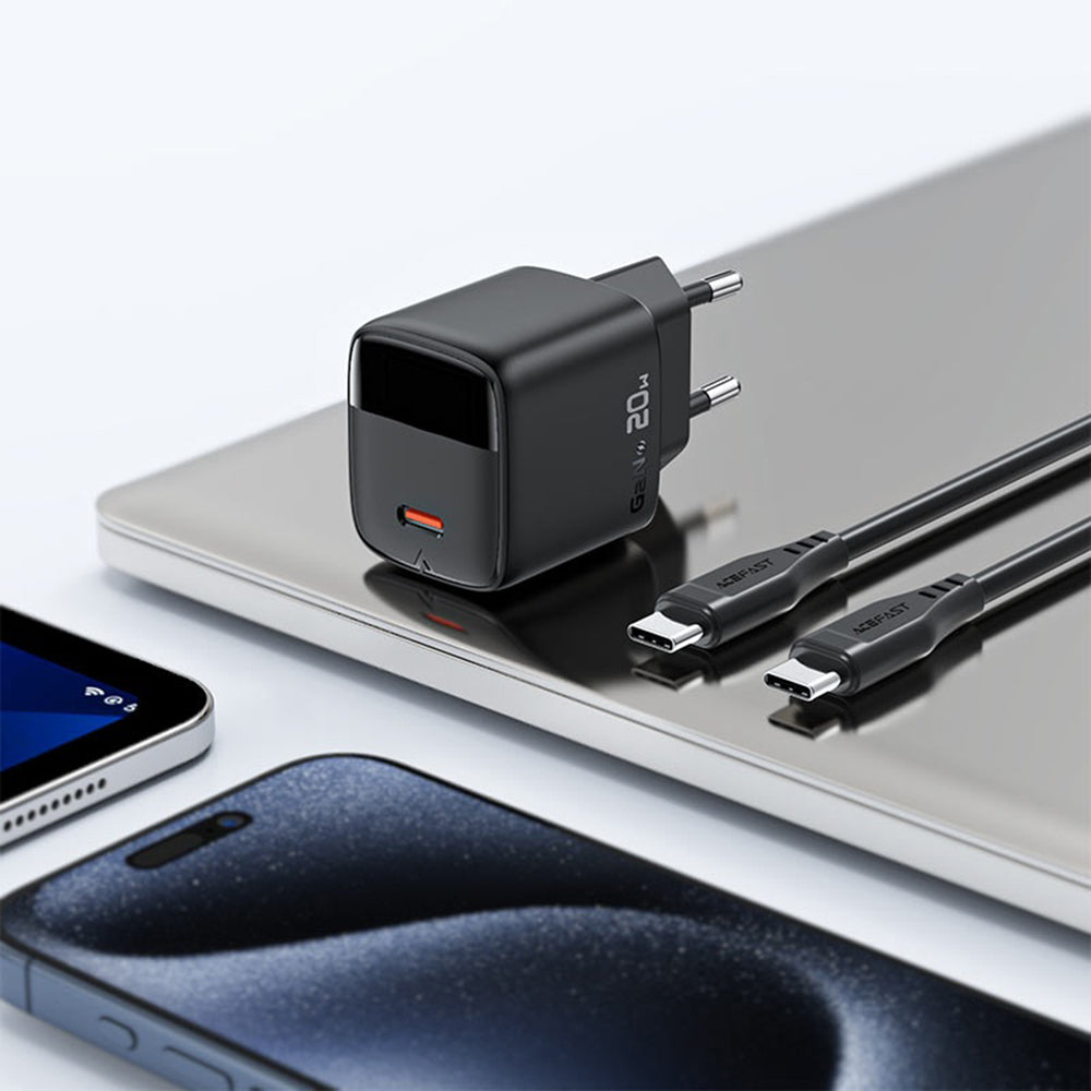 Acefast A113 USB-C Network Charger with Display, 20W, 3A, 1 x USB-C, Black