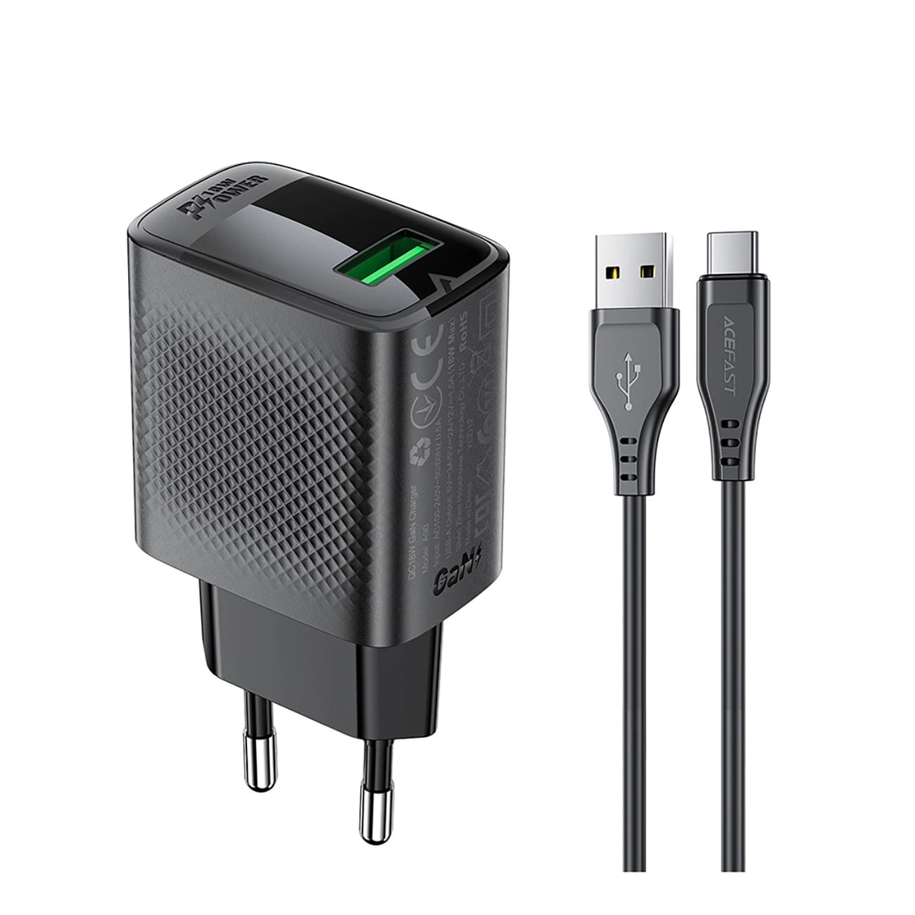 Acefast A90 USB-C Network Charger, 18W, 3A, 1 x USB-A, Black