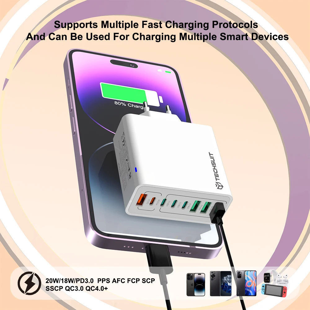 Techsuit CHPD224 Network Charger, 65W, 3.25A, 4 x USB-A - 4 x USB-C, Black