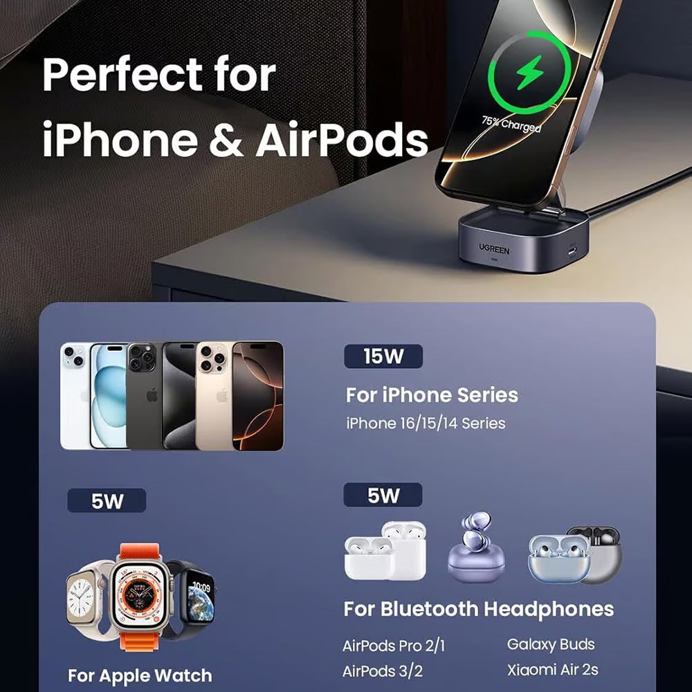 UGREEN W702 3in1 Wireless Network Charger, 20W, 1.67A, 1 x USB-C, Black
