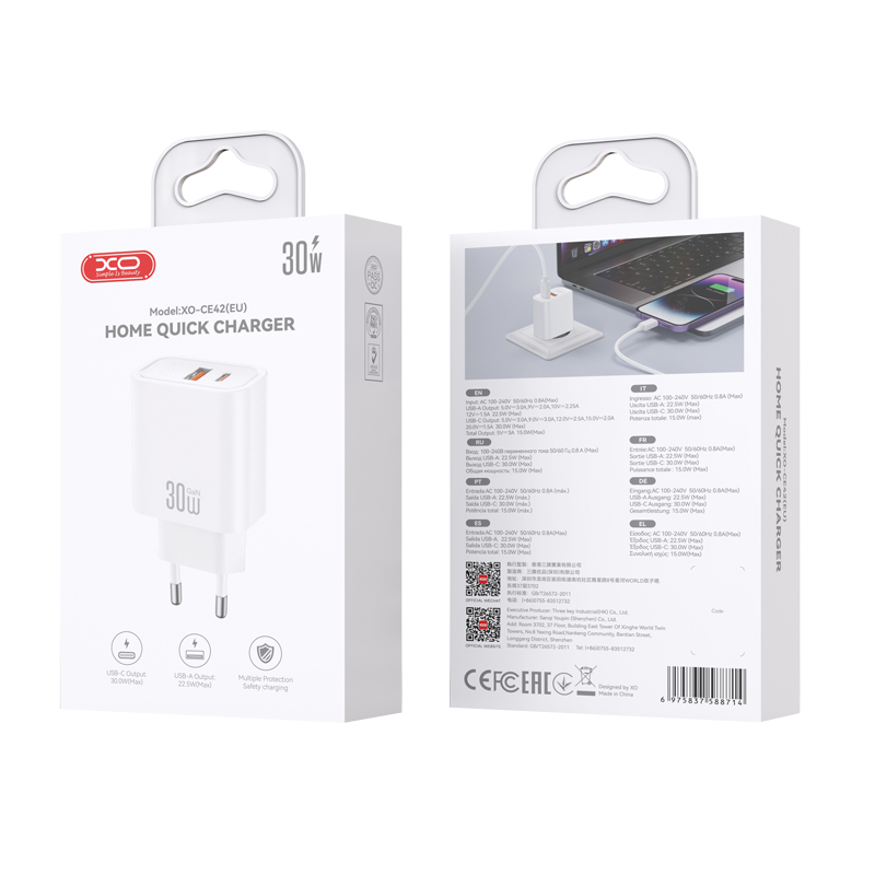 XO Design CE42 Network Charger, 30W, 3A, 1 x USB-A - 1 x USB-C, White