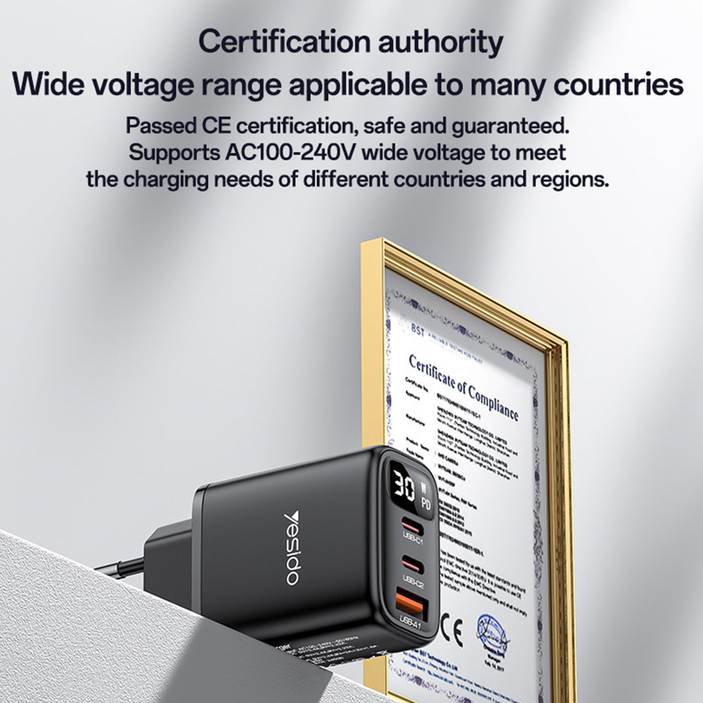Yesido YC69 Display Network Charger, 30W, 3A, 1 x USB-A - 2 x USB-C, Black