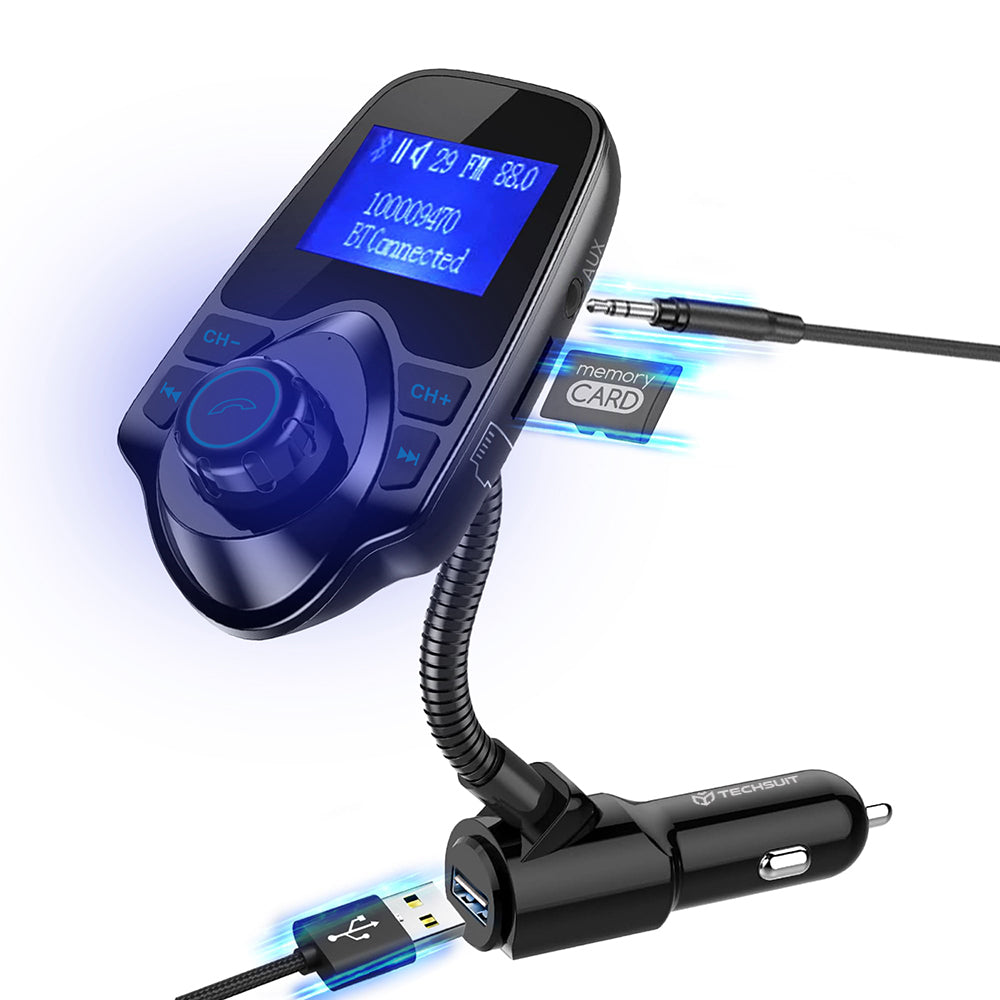 Techsuit MFM4 Bluetooth FM Modulator, 1 x USB-A - 1 x 3.5mm - 1 x microSD, Black