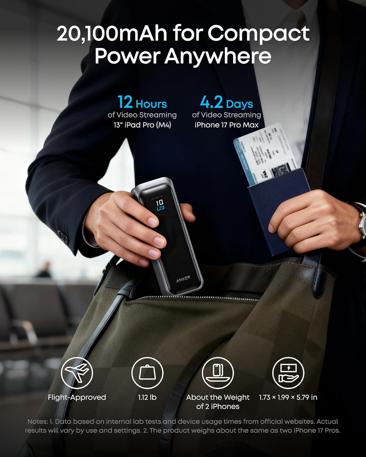 Anker Prime External Battery, 20100mAh, 220W, QC + PD, 1 x USB-A - 2 x USB-C, Black A110BH11
