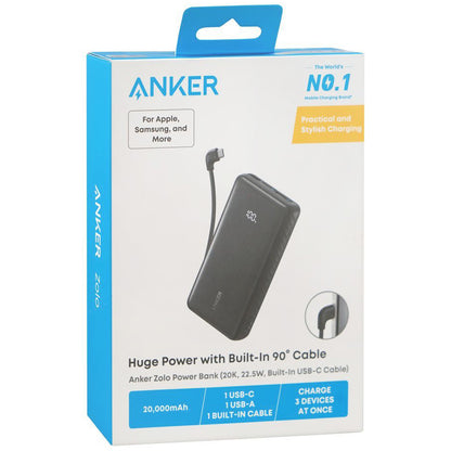 Anker Zolo External Battery, 20000mAh, 22.5W, QC + PD, 1 x USB-A - 2 x USB-C, Black A110EH11