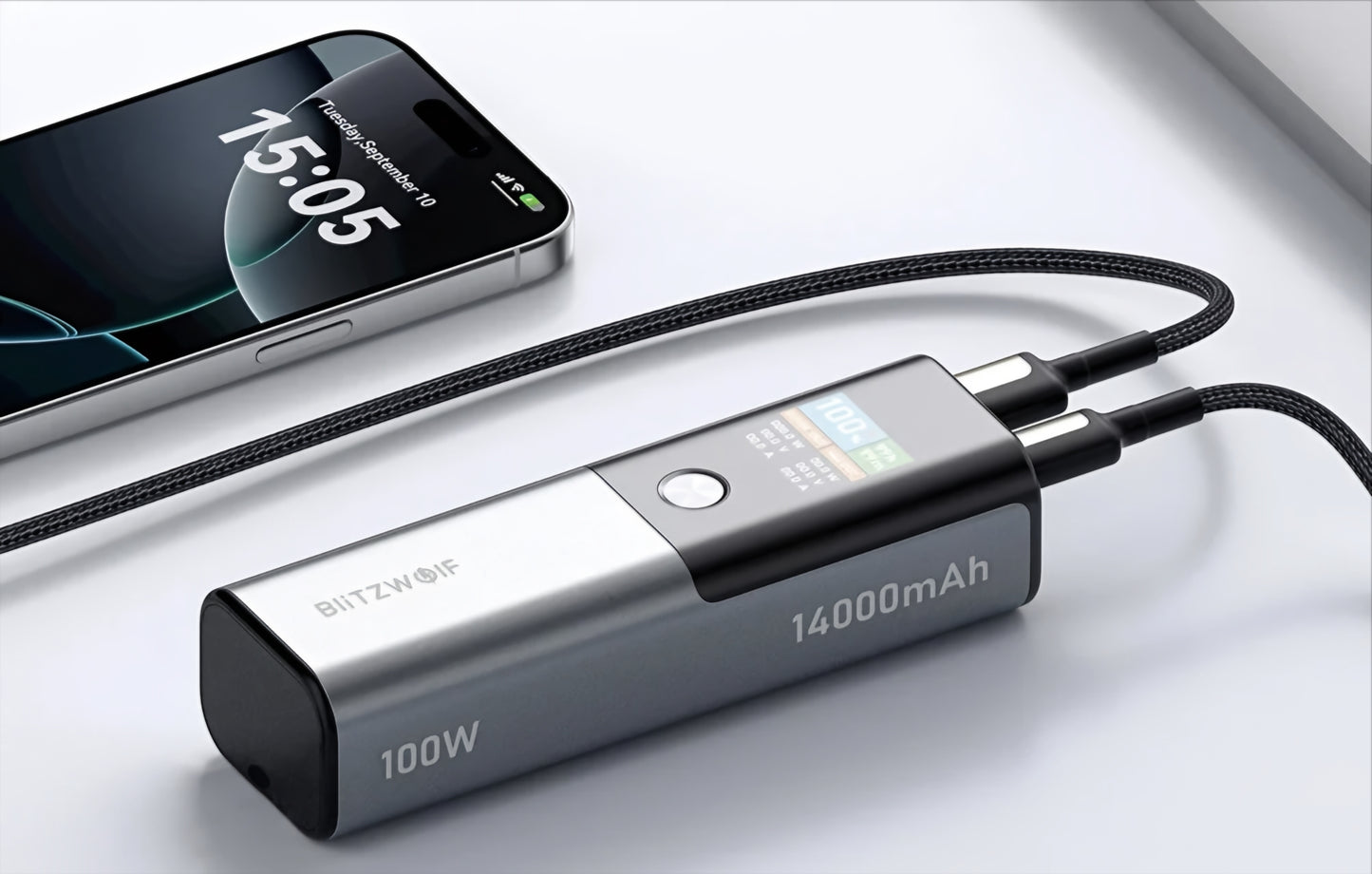 BlitzWolf BW-P23 External Battery, 14000mAh, 100W, QC + PD, 1 x USB-A - 1 x USB-C, Gray