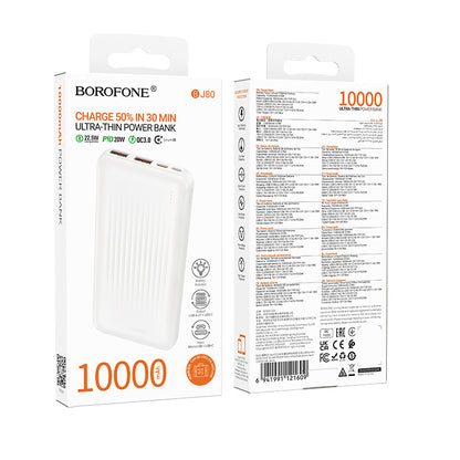 Borofone BJ80A Clever External Battery, 10000mAh, 22.5W, QC + PD, 1 x USB-C - 2 x USB-A, White