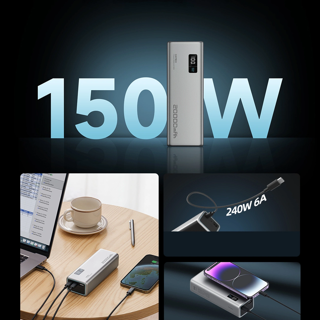 Cuktech P+ No.15 External Battery, 20000mAh, 150W, QC + PD, 1 x USB-A - 2 x USB-C, Grey CUKPB200GLBK