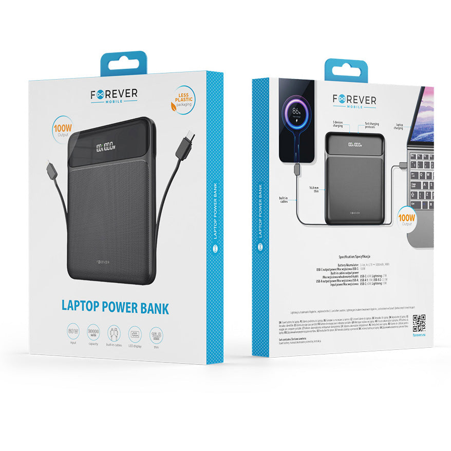 External Battery Forever TB-200, 20000mAh, 100W, QC + PD, 1 x Lightning - 2 x USB-C - 2 x USB-A, Black