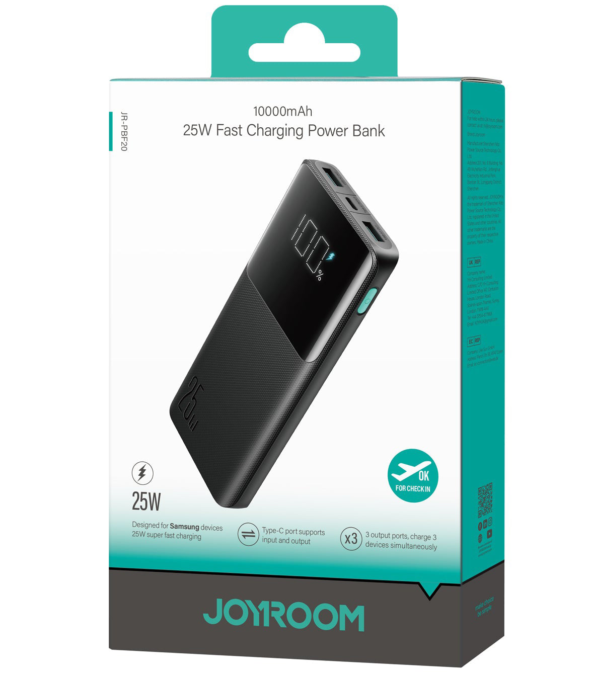 Joyroom JR-PBF20 External Battery, 10000mAh, 25W, QC + PD, 1 x USB-C - 2 x USB-A, Black