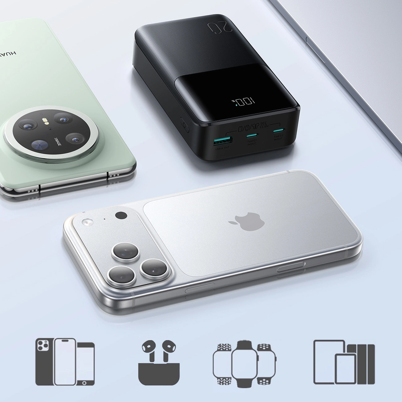 Joyroom JR-QP192 External Battery, 20000mAh, 22.5W, QC + PD, 1 x USB-A - 2 x USB-C, Black