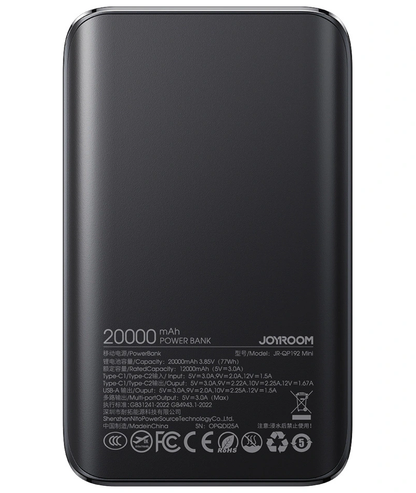 Joyroom JR-QP192 External Battery, 20000mAh, 22.5W, QC + PD, 1 x USB-A - 2 x USB-C, Black