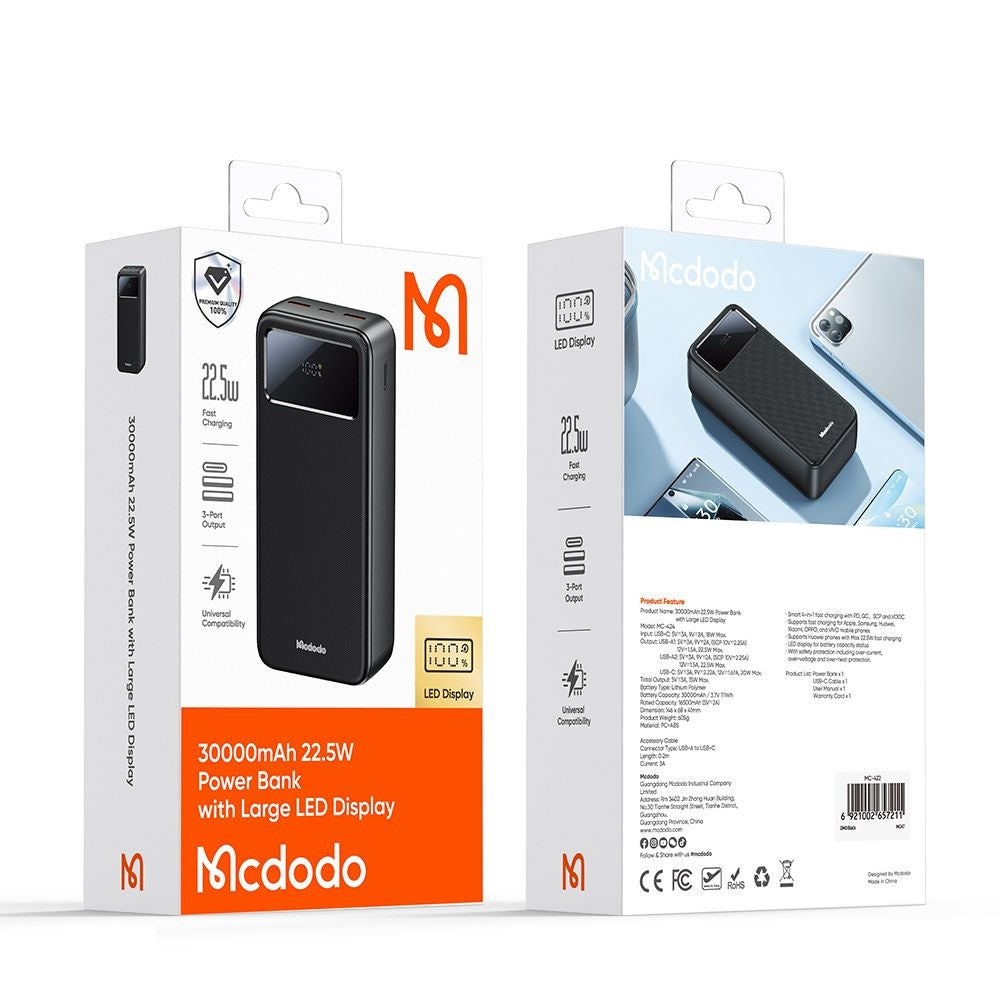McDodo MC-4240 External Battery, 30000mAh, 22.5W, QC + PD, 2 x USB-A - 1 x USB-C, Black