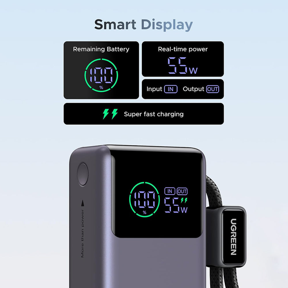 UGREEN Nexode Pro PB727 External Battery (85301B), 10000mAh, 55W, QC + PD, 1 x USB-A - 2 x USB-C, Gray