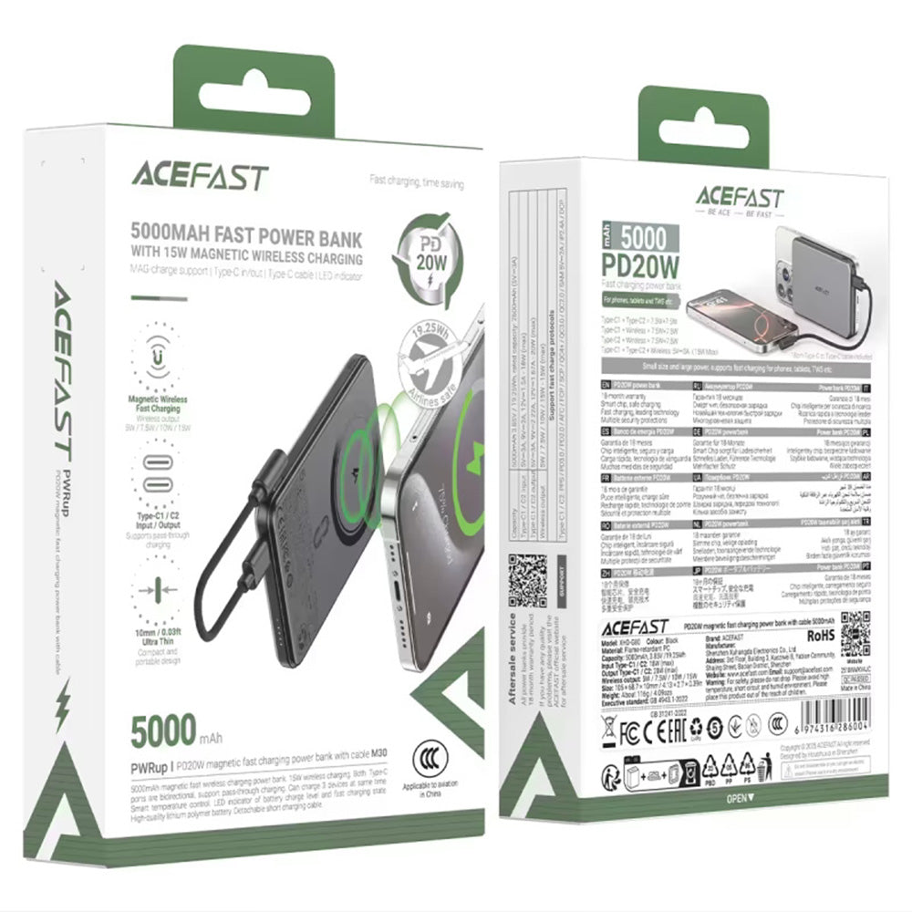Acefast M30 Wireless External Battery, 5000mAh, 20W, PD + FQI, 1 x QI - 2 x USB-C, Black