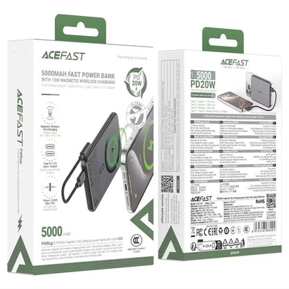 Acefast M30 Wireless External Battery, 5000mAh, 20W, PD + FQI, 1 x QI - 2 x USB-C, Black