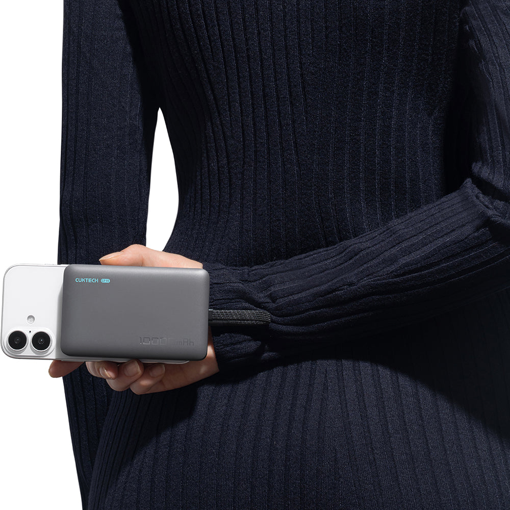 Cuktech WPB100L Wireless External Battery, 10000mAh, 22.5W, PD + FQI, 1 x QI - 2 x USB-C, Black CKWPB100LGLBK