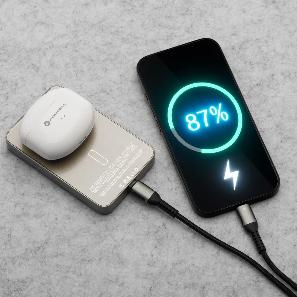 Wireless External Battery Forcell F5K8, 5000mAh, 15W, PD + FQI, 1 x QI - 1 x USB-C, Gold