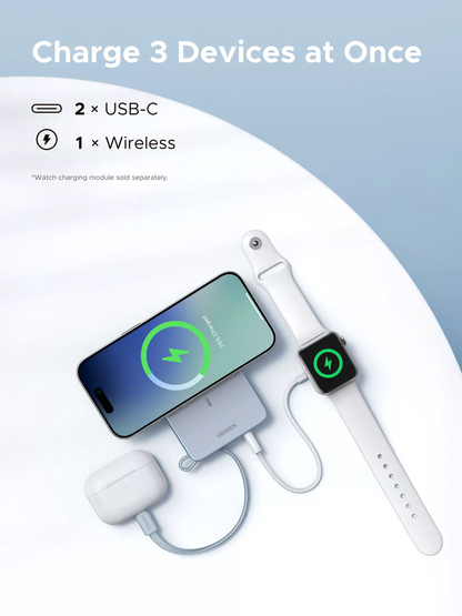 UGREEN MagFlow PB773 Wireless External Battery (65958), 10000mAh, 25W, PD + FQI, 1 x QI - 2 x USB-C, Blue