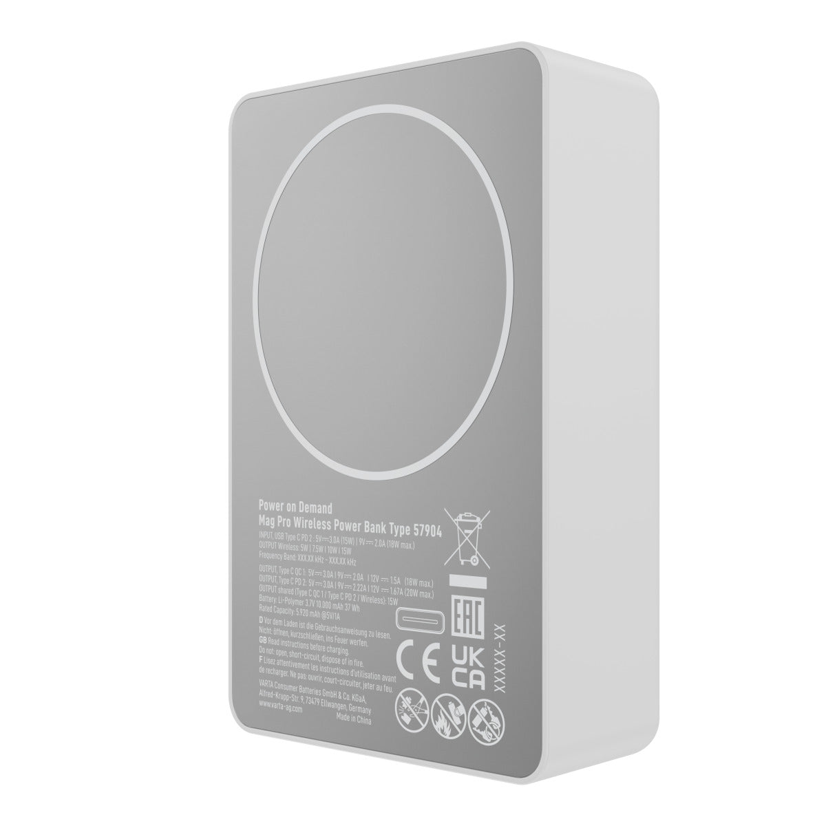 Varta Mag Pro Wireless External Battery, 10000mAh, 20W, 1 x QI - 2 x USB-C, White