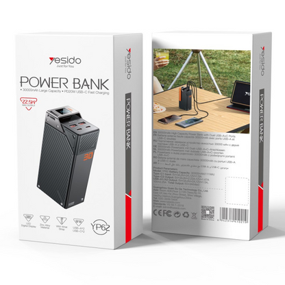 Yesido YP62 External Battery, 30000mAh, 22.5W, QC + PD, 2 x USB-A - 2 x USB-C, Black