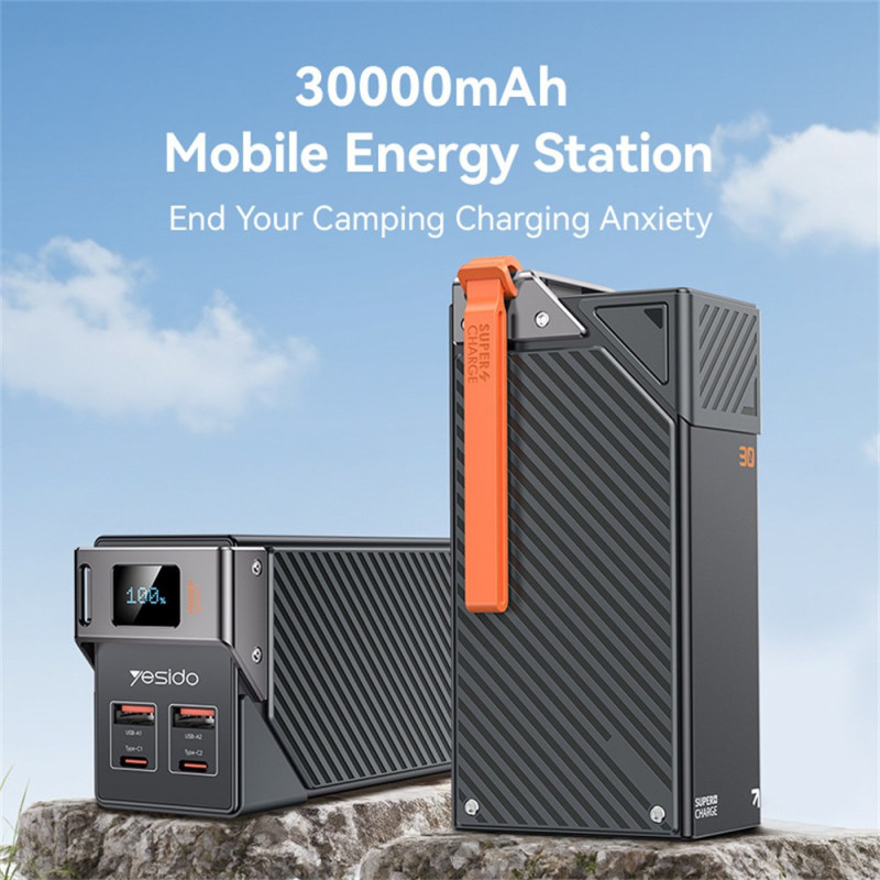 Yesido YP62 External Battery, 30000mAh, 22.5W, QC + PD, 2 x USB-A - 2 x USB-C, Black